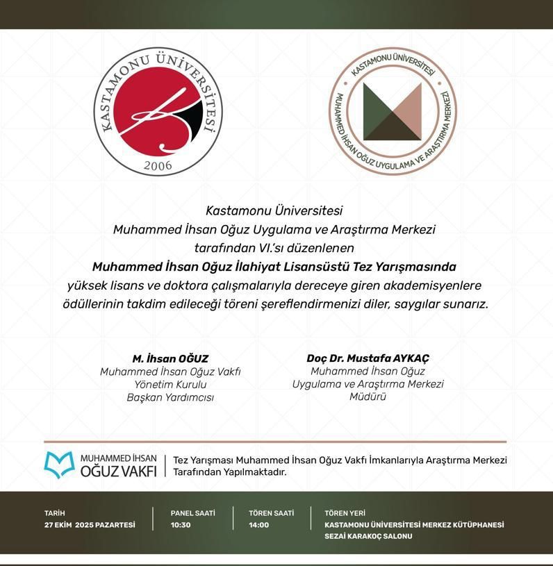 Muhammed İhsan Oğuz VI. İlahiyat Lisanüstü Tez Yarışması Ödül Töreni Programı